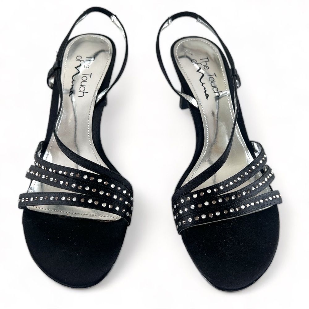 NWOT The Touch of Nina Black Satin Peep Toe Rhinestone Slingback Heels Size 8